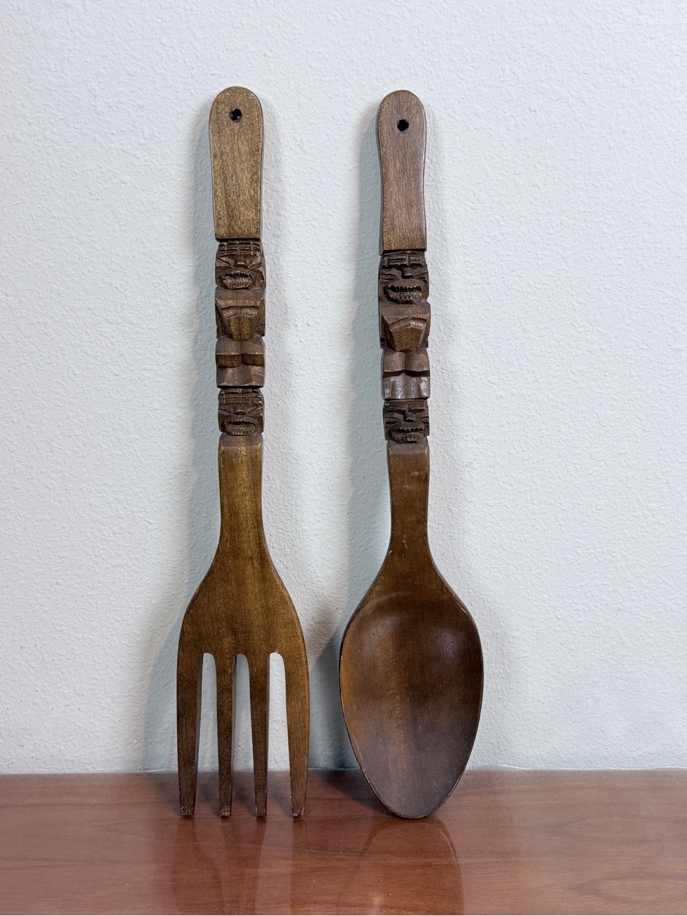 Vintage Carved Tiki Wooden Fork & Spoon Wall Decor 22 inch